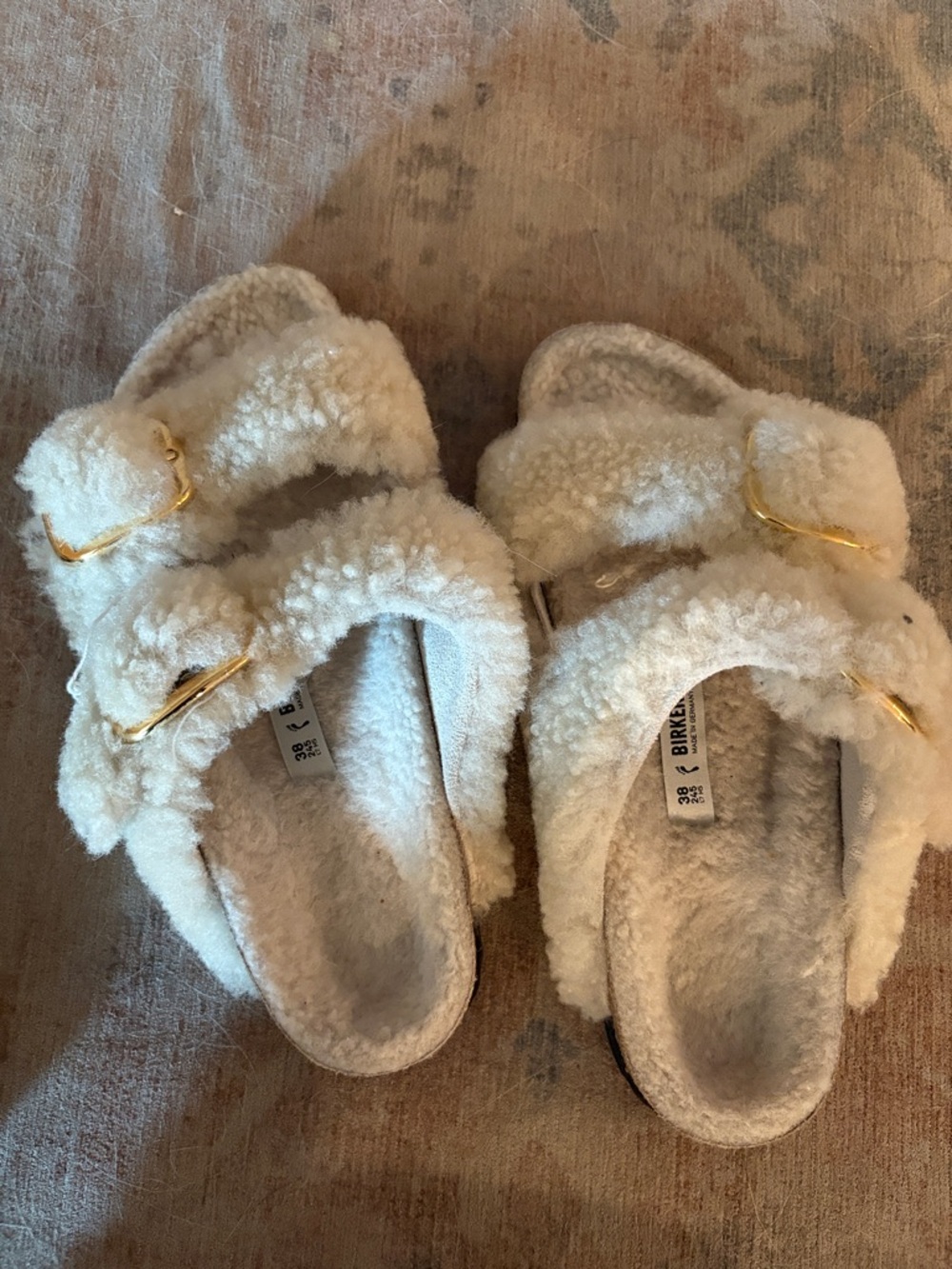 Birkenstock Cream Sherpa Two-Strap Sandals with Gold Buckles